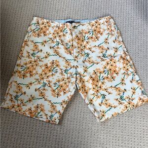 Orange,Green and White Flat Front Floral Shorts